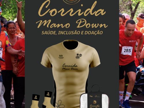 Cartaz da 15ª Corrida Mano Down, com o tema "Saúde, Inclusão e Doação". No centro, destaca-se o kit do corredor em tom dourado, composto por camiseta, meias e sacola. O fundo é cinza escuro, ladeado por fotos de pessoas correndo e celebrando. Na parte inferior, destaca-se a data 22.02.2026 e as logomarcas dos realizadores e patrocinadores, incluindo o Instituto Mano Down e o Ministério do Esporte.