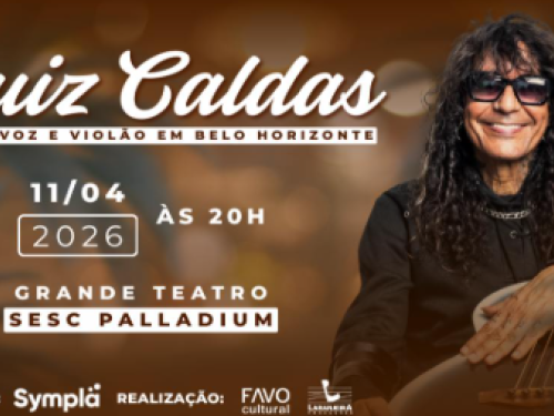 Pôster do show de Luiz Caldas, no formato "Voz e Violão". À direita, o cantor aparece sorrindo, com cabelos longos e óculos escuros, segurando um violão.