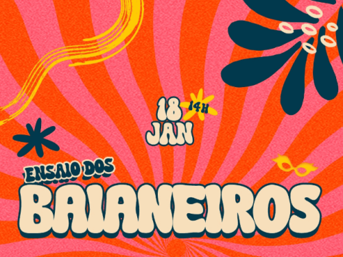 A imagem é um fragmento da parte superior de um cartaz de evento, com cores vibrantes e estilo artístico retrô e festivo.