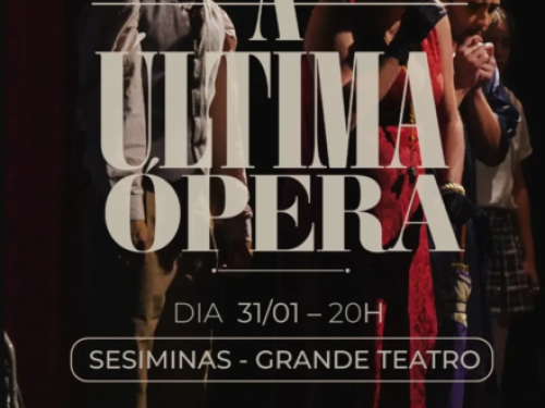 Flyer de divulgação do evento, fotografia ao fundo do grupo teatral e texto com informações