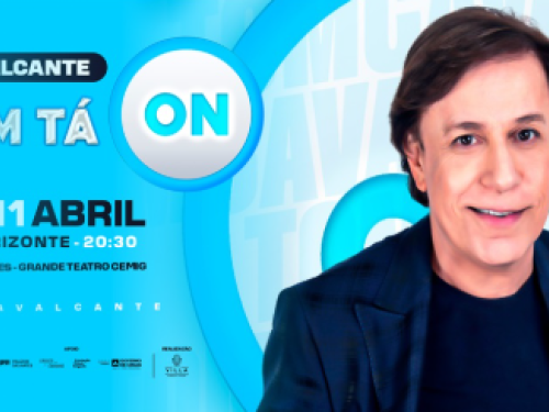 Banner horizontal azul claro com a foto de Tom Cavalcante à direita. À esquerda, o título "O TOM TÁ ON" e informações do show em Belo Horizonte: "Sáb 11 Abril", 20h30, no Grande Teatro Cemig Palácio das Artes.