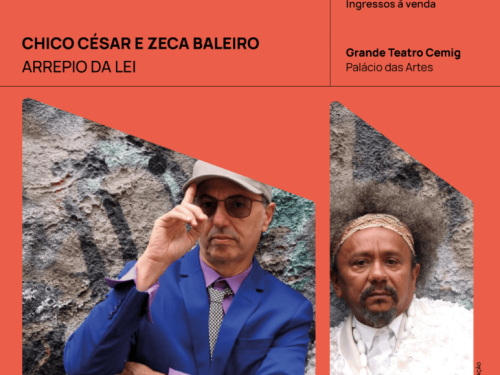 Cartaz laranja do show "Arrepio da Lei". À esquerda, Zeca Baleiro usa terno azul, camisa roxa e chapéu claro. À direita, Chico César aparece com seu cabelo afro característico e roupa branca. O show será dia 30 de maio de 2026, às 21h, no Palácio das Artes.
