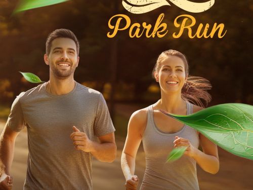 Flyer de divulgação da Corrida Park Run 2026 - imagem de casal correndo e informações sobre o evento