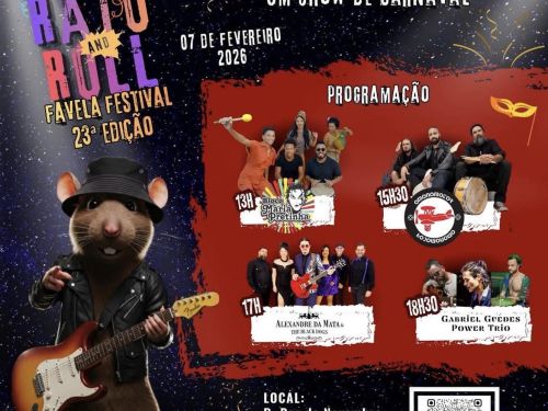 Cartaz oficial do evento com line up das atrações Rato and Roll Favela Festival