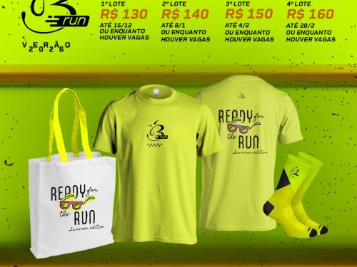 Cartaz da corrida Boníssima Run - Edição Verão, que ocorre dia 1º de março na Pampulha. As inscrições custam entre R$ 130 e R$ 160 pelo site. A imagem destaca o kit do corredor em verde-limão: camiseta, ecobag e meias.