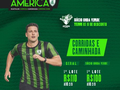 Fundo verde e um homem correndo com a blusa do time da america verde e preto ilustrando a modalidade da corrida e caminhada, mais preços 