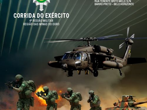 Flyer ilustrativo com imagem de soldados, helicóptero e tanque de guerra do exercito brasileiro 