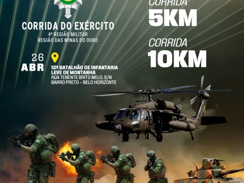 Foto de soldados, tanque de guerra, helicóptero e informação sobre os percursos da corrida: 2km,5km,10km