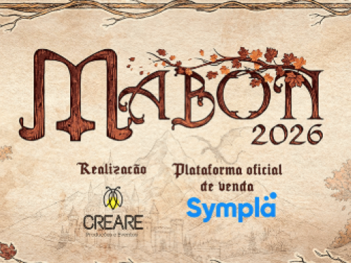 Banner digital com estética medieval e outonal para o evento Mabon 2026. O fundo assemelha-se a um pergaminho antigo, emoldurado por galhos secos e folhas de bordo avermelhadas. No centro, o nome "Mabon" está escrito em uma fonte estilizada que imita madeira.