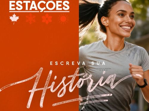 Foto de uma corredora vestindo a blusa cinza oficial da corrida 