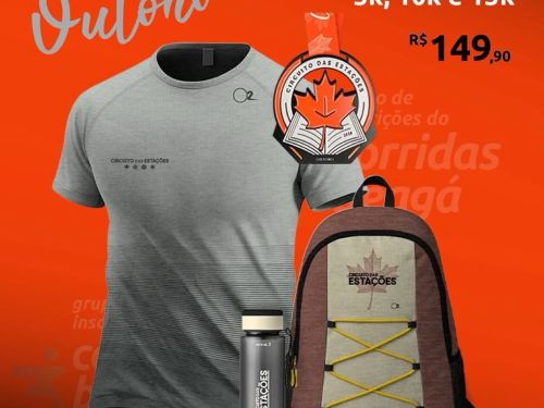 foto ilustrativa do kit contendo uma blusa cinza, mochila, garrafa e medalha 