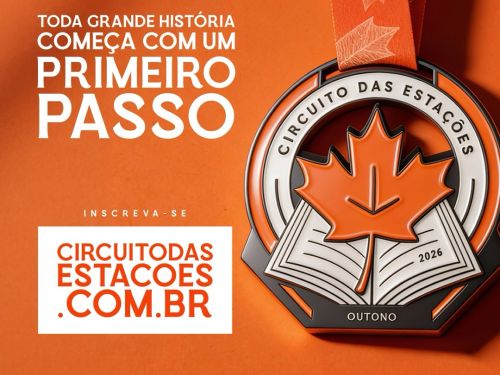 Foto com fundo laranja e medalha da corrida 