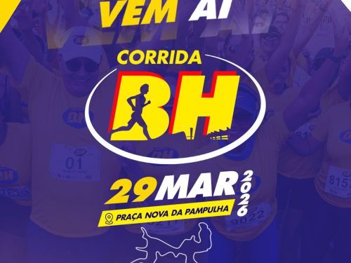 Plano de fundo azul, logo da corrida BH em amarelo e data para 29 de março de 2026