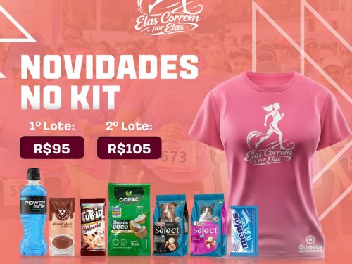 foto informativa sobre os produtos do kit da corrida e blusa oficial na cor rosa 