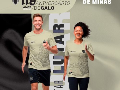 Flyer com fundo preto e branco, um homem e uma mulher correndo com a blusa do atlético 