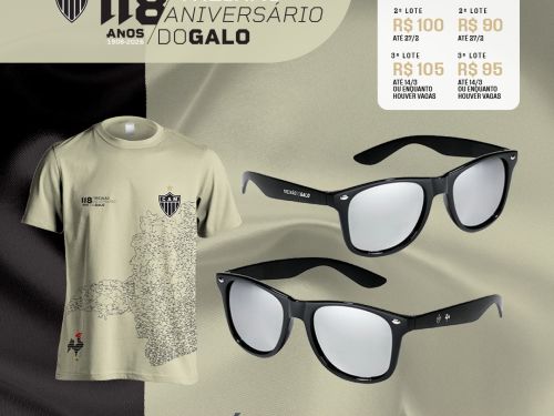 Fundo branco e preto com ilustração da blusa do atlético e descrição dos valores dos lotes 