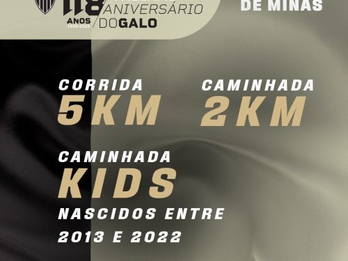 Fundo preto e branco com descrição das 3 modalidades: 5km, 2km e caminhada kids 
