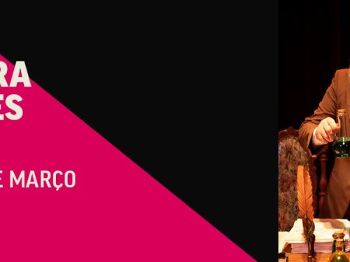 Arte promocional do espetáculo “Dr. Bezerra de Menezes”. À esquerda, fundo preto com faixa rosa e o texto “14 de março”. À direita, foto de um homem barbado, de terno marrom, manipulando frascos sobre uma mesa,