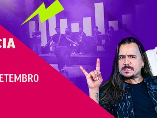 Arte promocional da banda Pedra Letícia – Tour 2026. Ao centro, faixa rosa com a data “20 de setembro”. À direita, três homens sorriem e fazem gestos descontraídos diante de fundo roxo com elementos gráficos em verde.