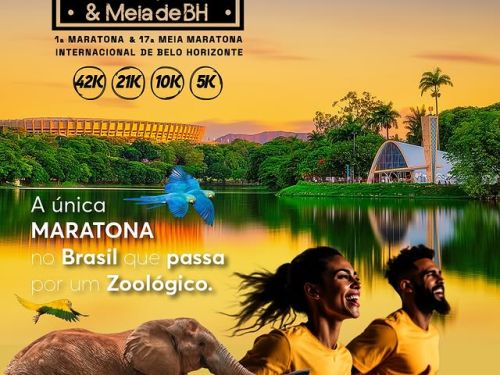 foto de capa da maratona com duas pessoas correndo na frente de animais e foto da lagoa da pampulha de fundo