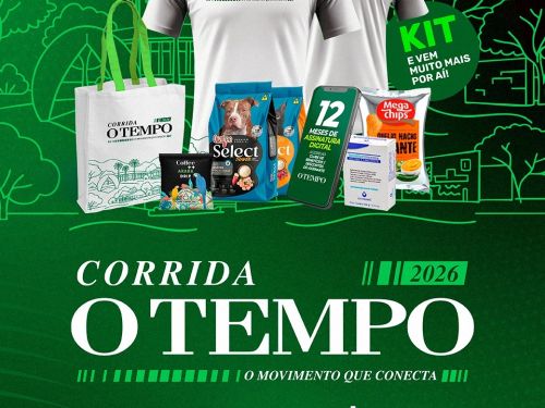 Foto de capa da corrida O tempo com plano de fundo verde, blusa da corrida, kit e informações sobre data, horario e local do evento 