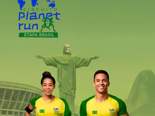 Foto de capa do evento contendo um homem e uma mulher correndo com a blusa do evento 