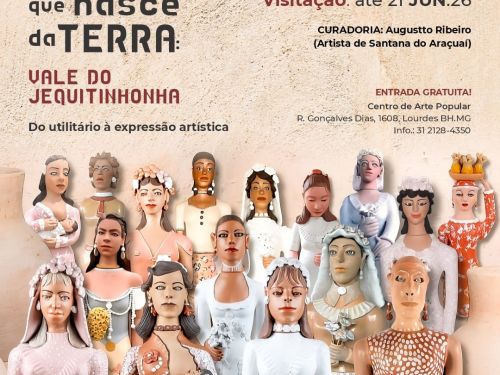 Foto informativa sobre a exposição "a imaginação que nasce da Terra", com data, horário e local da exposição 