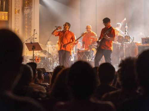 Fotografia do grupo Nação Zumbi ao palco