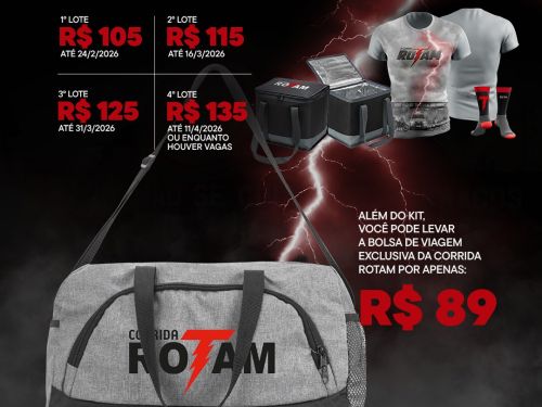 Tabela de preços e kits da 3ª Corrida ROTAM, que acontece em 12 de abril na Praça da Estação. O cartaz mantém o visual sombrio com raios e fumaça, destacando os valores das inscrições por lotes e os itens do kit (camiseta cinza com estampa de raio, meias e bolsas).