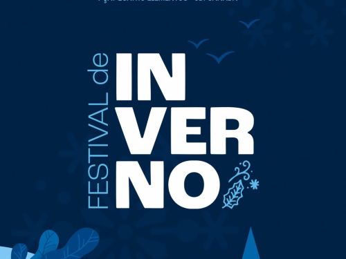 Cartaz do Festival de Inverno em tons de azul. O texto central em letras brancas destaca o nome do evento. No topo, as informações de data e local: 25 de julho na Praça Quatro Elementos, Jardim Canadá. Na base, indica que as vendas ocorrem pela plataforma Sympla.