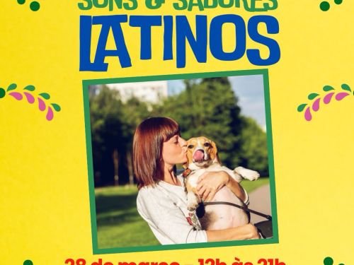 Fundo amarelo com texto colorido em verde, azul e vermelho convidando para o festival Sons e Sabores Latinos. contendo data e horario do event