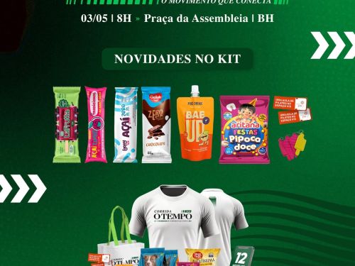 Cartaz informativo sobre as "Novidades no Kit" da Corrida O TEMPO 2026. A peça mantém a identidade visual em tons de verde e branco.