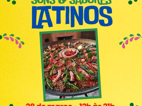 Fundo amarelo com texto colorido em verde, azul e vermelho convidando para o festival Sons e Sabores Latinos. contendo data e horario do event