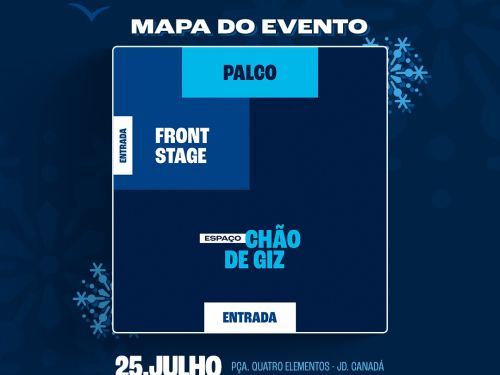 Mapa do Festival de Inverno, que acontece dia 25 de julho na Praça Quatro Elementos. O gráfico sobre fundo azul mostra a organização do espaço: o Palco fica ao fundo, com a área Front Stage logo à frente e à esquerda. O setor principal é o Espaço Chão de Giz. Há duas entradas indicadas: uma lateral e outra central na base do mapa.