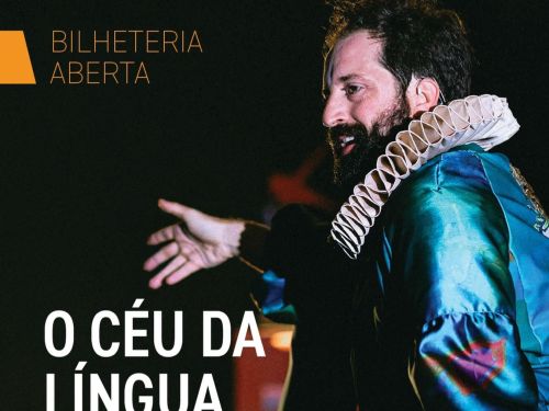 Flyer convidativo para o espetaculo chamado "o céu da língua", com a foto do autor principal 