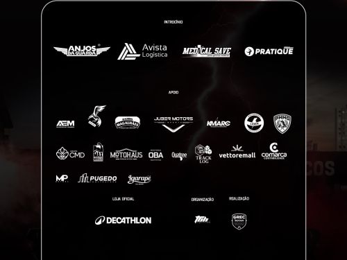 Cartaz de agradecimento aos parceiros da 3ª Corrida ROTAM, que será realizada em 12 de abril na Praça da Estação. O design mantém a identidade visual com raios e fumaça vermelha, apresentando uma lista de logotipos de empresas e instituições organizadas por categoria: