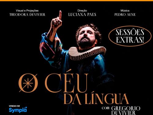 Flyer convidativo para o espetaculo chamado "o céu da língua", informando o local e data da apresnetação