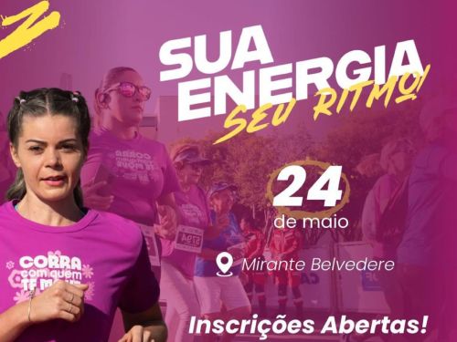 Foto de capa com fundo rosa, informações como data e local e imagem de uma corredora