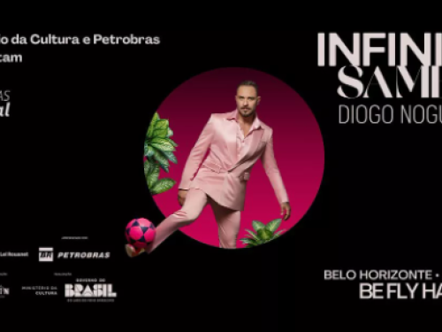Anúncio do show "Infinito Samba" de Diogo Nogueira. Sobre um fundo preto, o cantor aparece ao centro dentro de um círculo rosa vibrante, vestindo um terno rosa e fazendo um movimento de embaixadinha com uma bola de futebol. No canto inferior direito, constam as informações do evento: Belo Horizonte, 07 de junho, no BeFly Hall.