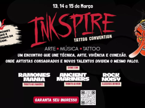 Cartaz oficial da Inkspire Tattoo Convention, que ocorre de 13 a 15 de março de 2026 no Minascentro, em Belo Horizonte. O design apresenta o título em letras vermelhas sobre um fundo escuro com nuvens e uma máscara japonesa Tengu. O evento promete unir arte, música e tatuagem, contando com shows das bandas Ramones Mania (Tributo a Ramones), Ancient Mariners (Tributo a Iron Maiden) e Rock Noisy (Clássicos do Rock). Há um QR Code para compra de ingressos.