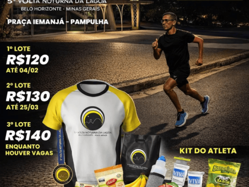 Cartaz promocional da 5ª Volta Noturna da Lagoa, em Belo Horizonte. A imagem mostra um corredor em primeiro plano, à noite, em frente à Igreja da Pampulha iluminada.