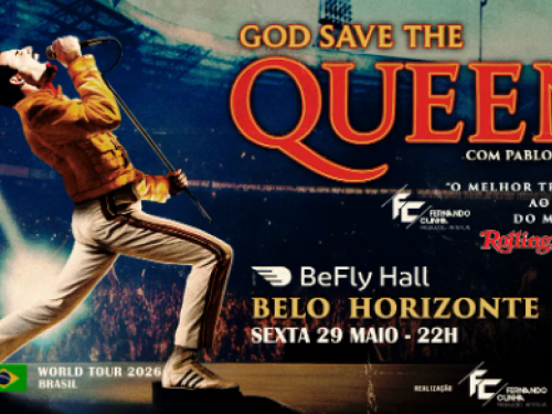 Cartaz promocional do show God Save The Queen, um tributo à banda Queen com Pablo Padin. À esquerda, uma foto de Pablo Padin caracterizado como Freddie Mercury, vestindo a icônica jaqueta amarela e calça branca com listras vermelhas, em uma pose clássica de performance no palco. O fundo mostra a plateia de um estádio lotado sob luzes de show.