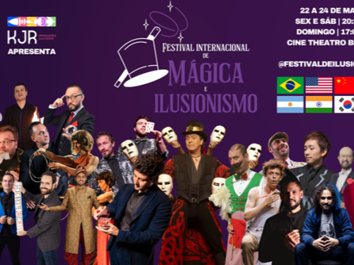 Cartaz promocional do Festival Internacional de Mágica e Ilusionismo, apresentado por KJR Produções. Sobre um fundo roxo, a imagem destaca uma montagem com cerca de 20 artistas de diferentes nacionalidades em poses de performance, utilizando baralhos, máscaras e trajes típicos. Há também oito bandeiras representando os países participantes: Brasil, EUA, China, França, Argentina, Índia, Coreia do Sul e Portugal.