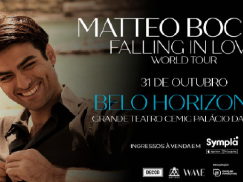 Banner promocional do show de Matteo Bocelli, da turnê "Falling In Love World Tour". À esquerda, uma foto de Matteo sorridente, vestindo camisa escura com o mar ao fundo. À direita, sobre um fundo preto, constam as informações do evento: 31 de outubro em Belo Horizonte, no Grande Teatro Cemig Palácio das Artes. O rodapé indica que os ingressos estão à venda pela Sympla e exibe logotipos dos realizadores e gravadoras.