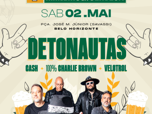 Banner promocional do Festival Mineiro da Cerveja, que acontecerá no sábado, 02 de maio, na Praça José M. Júnior (Savassi), em Belo Horizonte. O destaque principal é a banda Detonautas, cujos integrantes aparecem em uma foto na parte inferior. O cartaz também anuncia as bandas Cash, 100% Charlie Brown e Velotrol. A arte tem um estilo rock, com ilustrações de mãos fazendo o símbolo de "rock on", copos de chope e ramos de malte sobre um fundo bege com raios solares sutis.