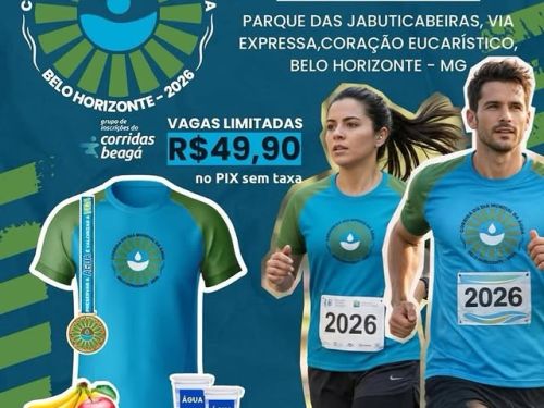 Foto de capa convidativa da corrida com título, data, horário e local, havendo também foto de dois corredores usando a camisa oficial e preço do ticket 