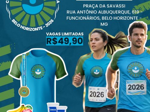 Banner em fundo azul, textos em verde, branco e azul claro com foto do kit de participação e de casal correndo. Informações gerais da corrida: nome, data, horário, local, inscrições.
