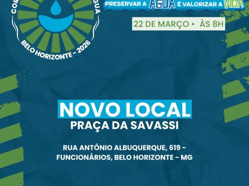 Banner de divulgação da corrida com informações sobre inscrição e novo local, em fundo azul escuro e textos em verde, branco e azul claro. 