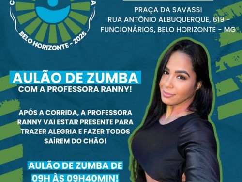 Banner em fundo azul, textos em verde, branco e azul claro com foto de dançarina. Informações gerais da corrida: nome, data, horário, local, inscrições e Aulão de Zumba.