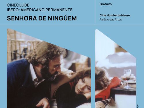 Folder de divulgação do filme "Senhora Ninguém". Mulher deitada sobre travesseiro com expressão de desânimo. Homem sentado ao seu lado encarando seu rosto. Informações sobre a sessão na parte superior da foto.